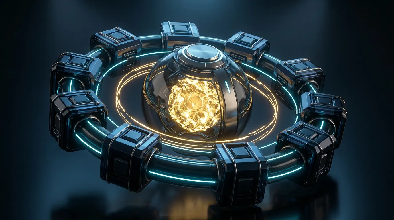 Abstract 3D visualization of nine dark-glass modules orbiting a glowing solar core, connected by gold energy rings and cyan grid lines.